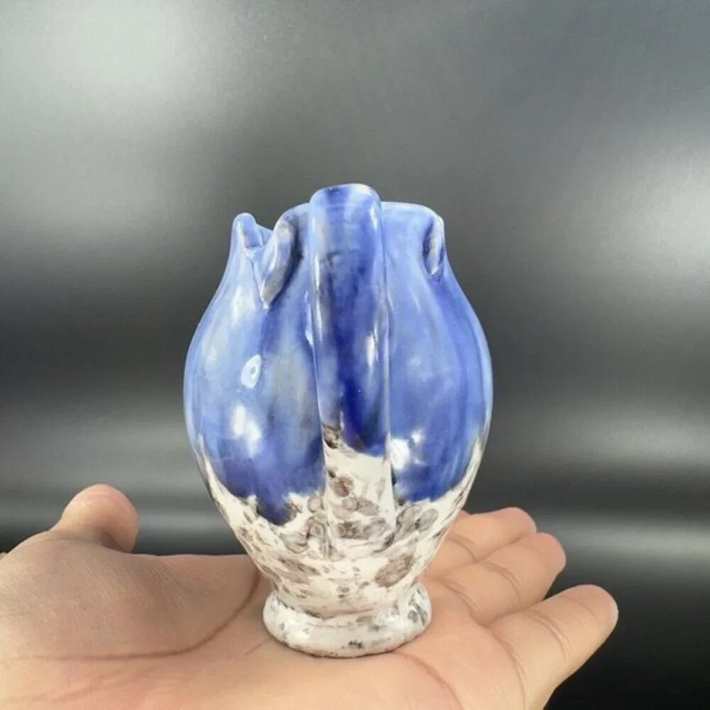 Italian Art Pottery Small Pitcher Creamer Drip Glaze Folded Edges Specked Inside